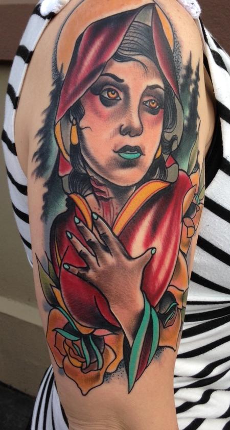 Tattoos - traditional color little red riding hood tattoo with roses Art Junkies Tattoos, Gary Dunn - 90019